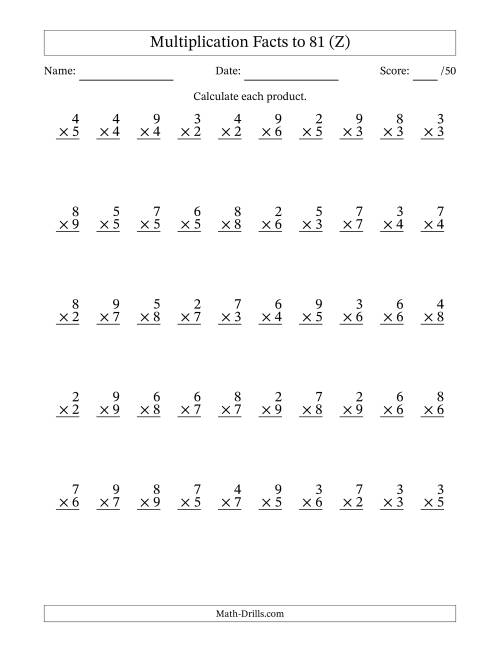The Multiplication Facts to 81 (50 Questions) (No Zeros or Ones) (Z) Math Worksheet