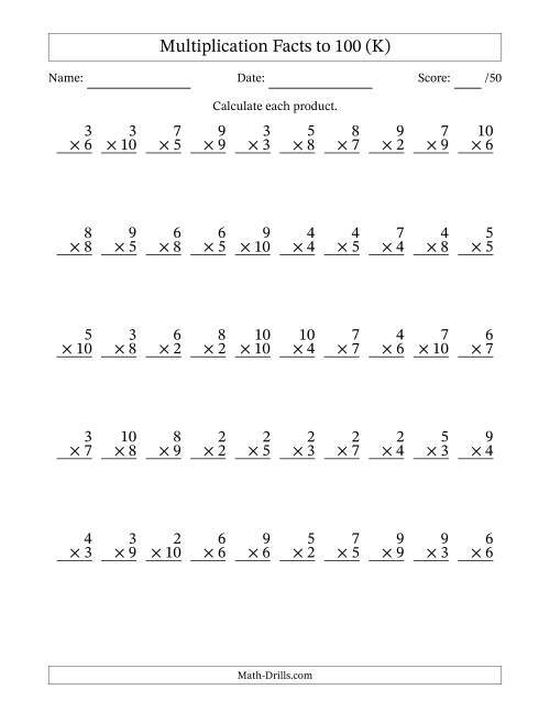  Multiplication Facts To 100 50 Questions No Zeros Or Ones K 