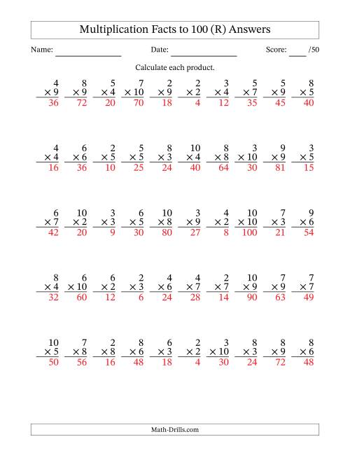 The Multiplication Facts to 100 (50 Questions) (No Zeros or Ones) (R) Math Worksheet Page 2