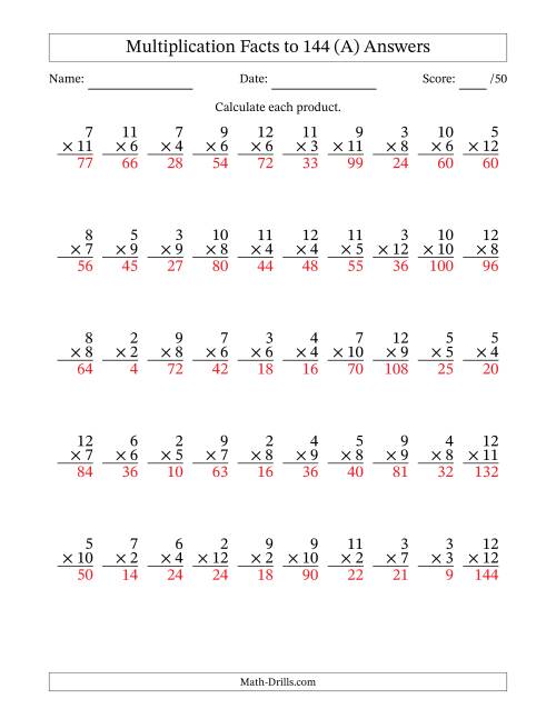 multiplication facts to 144 50 questions no zeros or ones a