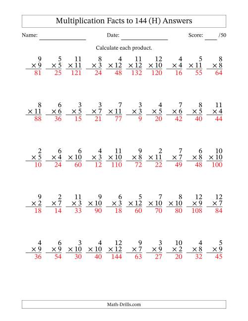 The Multiplication Facts to 144 (50 Questions) (No Zeros or Ones) (H) Math Worksheet Page 2