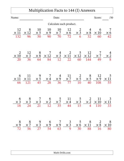 The Multiplication Facts to 144 (50 Questions) (No Zeros or Ones) (I) Math Worksheet Page 2