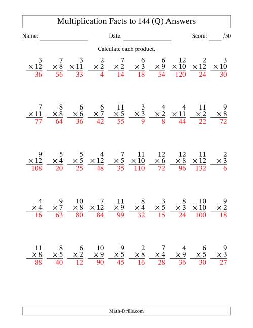 The Multiplication Facts to 144 (50 Questions) (No Zeros or Ones) (Q) Math Worksheet Page 2