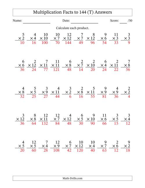 The Multiplication Facts to 144 (50 Questions) (No Zeros or Ones) (T) Math Worksheet Page 2