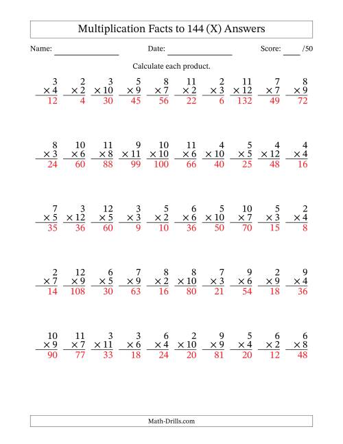 The Multiplication Facts to 144 (50 Questions) (No Zeros or Ones) (X) Math Worksheet Page 2