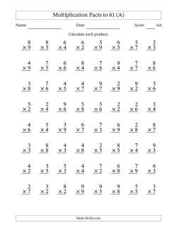 Multiplication Facts to 81 (64 Questions) (No Zeros or Ones)