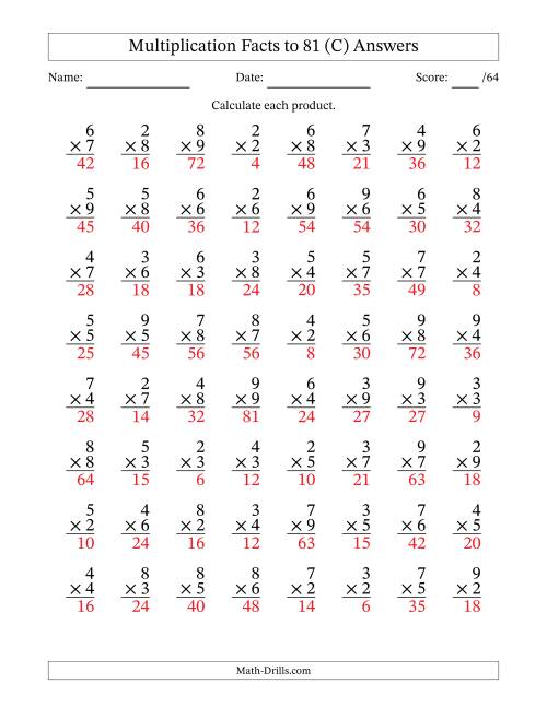The Multiplication Facts to 81 (64 Questions) (No Zeros or Ones) (C) Math Worksheet Page 2