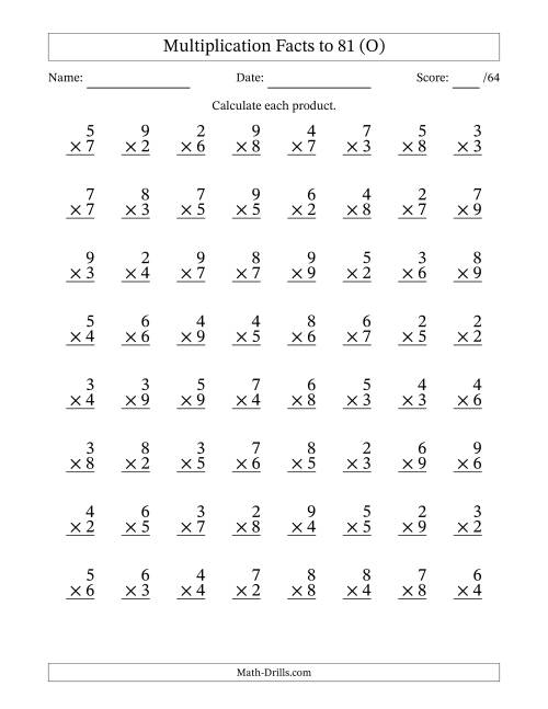 The Multiplication Facts to 81 (64 Questions) (No Zeros or Ones) (O) Math Worksheet