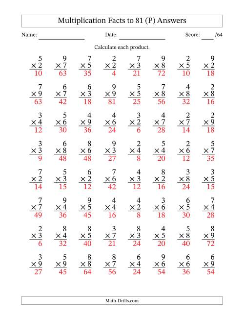 The Multiplication Facts to 81 (64 Questions) (No Zeros or Ones) (P) Math Worksheet Page 2