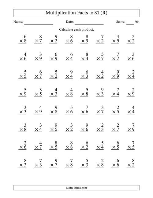 The Multiplication Facts to 81 (64 Questions) (No Zeros or Ones) (R) Math Worksheet