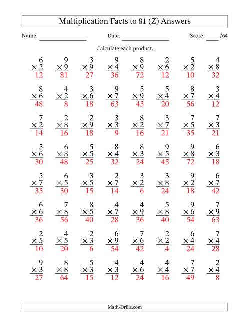 The Multiplication Facts to 81 (64 Questions) (No Zeros or Ones) (Z) Math Worksheet Page 2