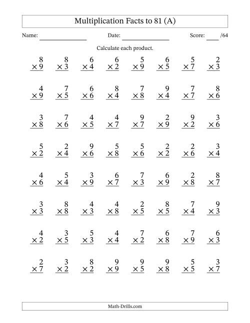 The Multiplication Facts to 81 (64 Questions) (No Zeros or Ones) (All) Math Worksheet