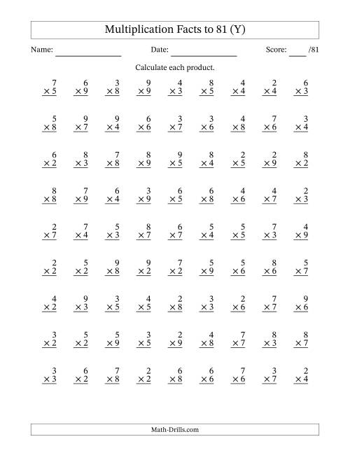 The Multiplication Facts to 81 (81 Questions) (No Zeros or Ones) (Y) Math Worksheet
