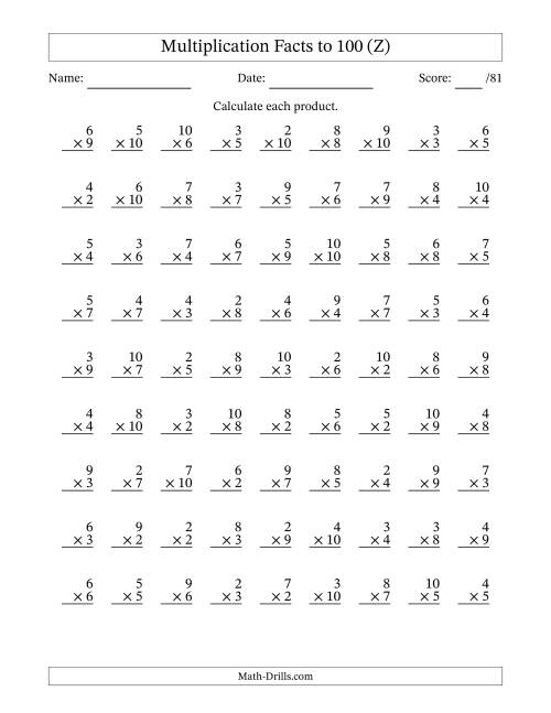 The Multiplication Facts to 100 (81 Questions) (No Zeros or Ones) (Z) Math Worksheet