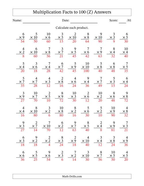 The Multiplication Facts to 100 (81 Questions) (No Zeros or Ones) (Z) Math Worksheet Page 2