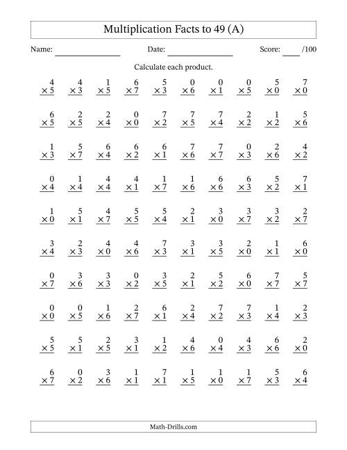 The Multiplication Facts to 49 (100 Questions) (With Zeros) (A) Math Worksheet