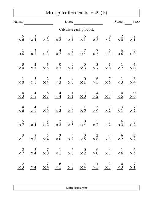 The Multiplication Facts to 49 (100 Questions) (With Zeros) (E) Math Worksheet