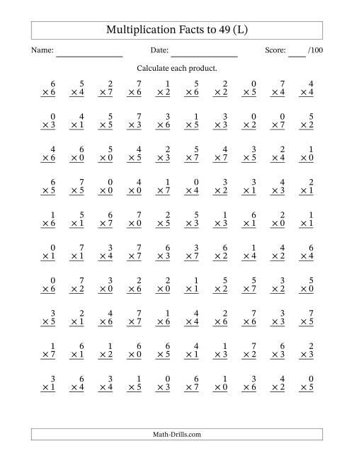 The Multiplication Facts to 49 (100 Questions) (With Zeros) (L) Math Worksheet