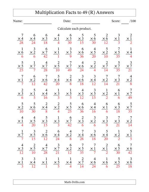 The Multiplication Facts to 49 (100 Questions) (No Zeros) (R) Math Worksheet Page 2
