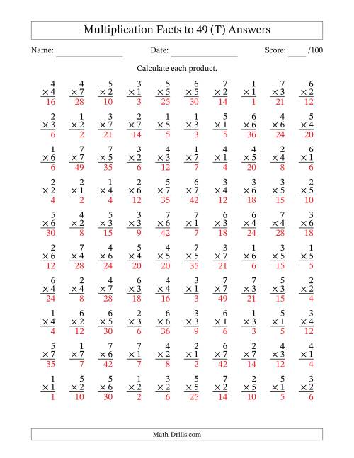 The Multiplication Facts to 49 (100 Questions) (No Zeros) (T) Math Worksheet Page 2