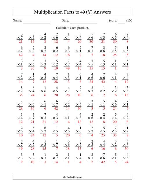 The Multiplication Facts to 49 (100 Questions) (No Zeros) (Y) Math Worksheet Page 2