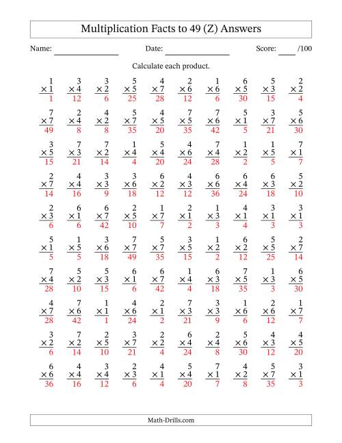 The Multiplication Facts to 49 (100 Questions) (No Zeros) (Z) Math Worksheet Page 2