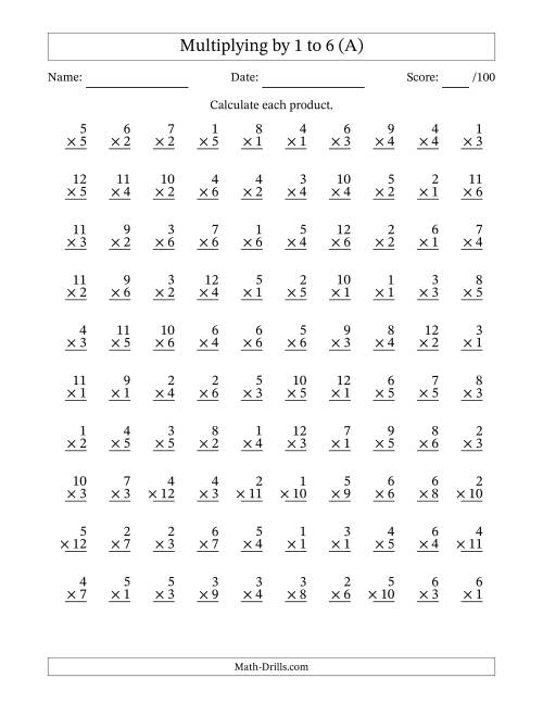 The Multiplying (1 to 12) by 1 to 6 (100 Questions) (A) Math Worksheet