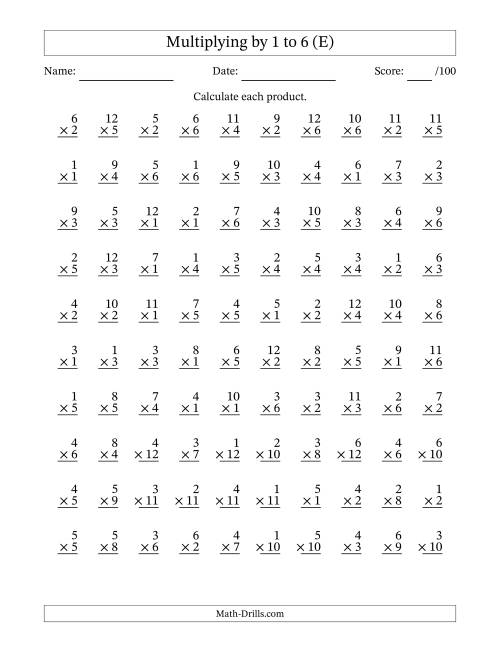 The Multiplying (1 to 12) by 1 to 6 (100 Questions) (E) Math Worksheet