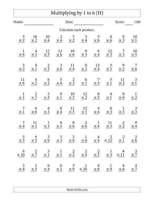 The Multiplying (1 to 12) by 1 to 6 (100 Questions) (H) Math Worksheet
