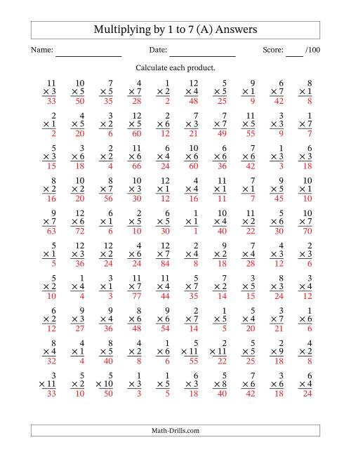The Multiplying (1 to 12) by 1 to 7 (100 Questions) (A) Math Worksheet Page 2