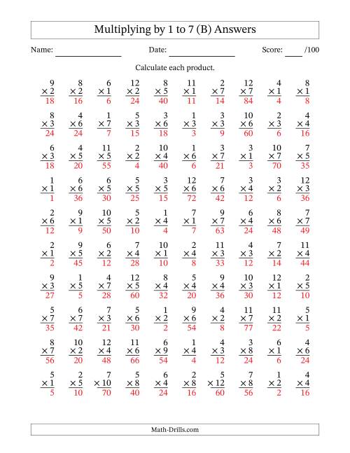 The Multiplying (1 to 12) by 1 to 7 (100 Questions) (B) Math Worksheet Page 2