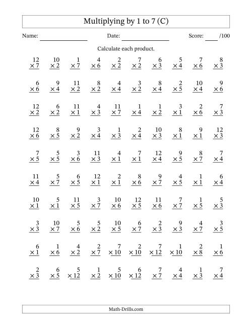 The Multiplying (1 to 12) by 1 to 7 (100 Questions) (C) Math Worksheet