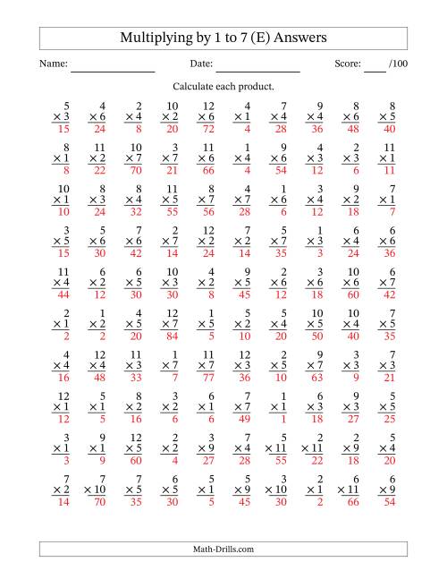 The Multiplying (1 to 12) by 1 to 7 (100 Questions) (E) Math Worksheet Page 2