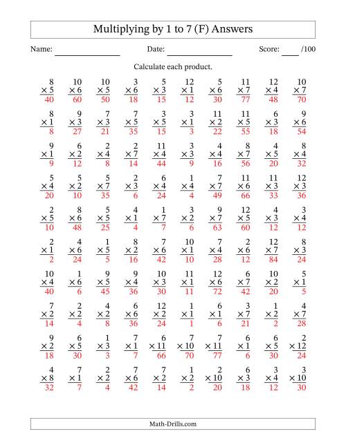 The Multiplying (1 to 12) by 1 to 7 (100 Questions) (F) Math Worksheet Page 2