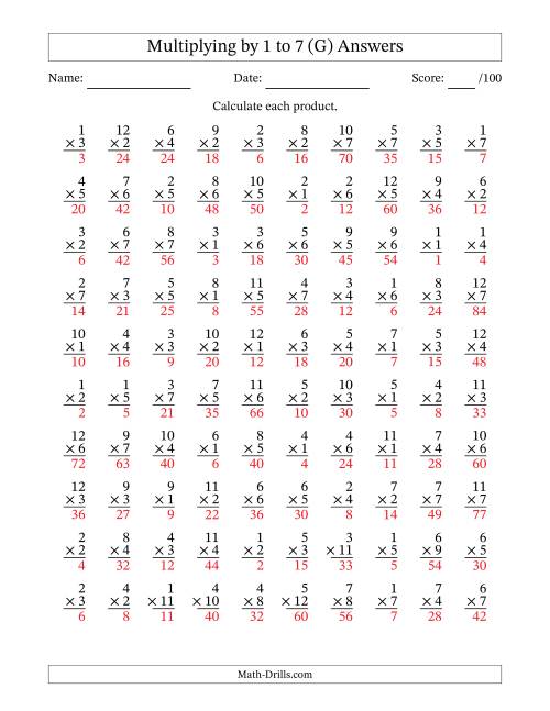 The Multiplying (1 to 12) by 1 to 7 (100 Questions) (G) Math Worksheet Page 2