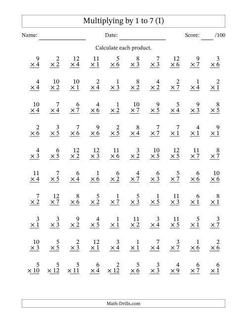 The Multiplying (1 to 12) by 1 to 7 (100 Questions) (I) Math Worksheet