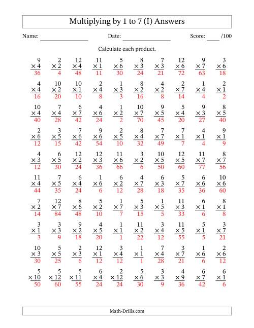 The Multiplying (1 to 12) by 1 to 7 (100 Questions) (I) Math Worksheet Page 2