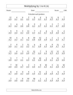 Multiplying (1 to 12) by 1 to 8 (100 Questions)