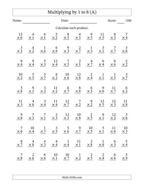 The Multiplying (1 to 12) by 1 to 8 (100 Questions) (A) Math Worksheet