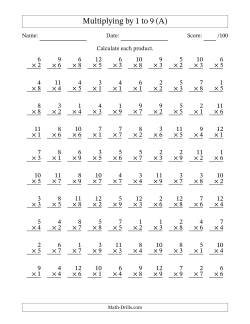 Multiplying (1 to 12) by 1 to 9 (100 Questions)