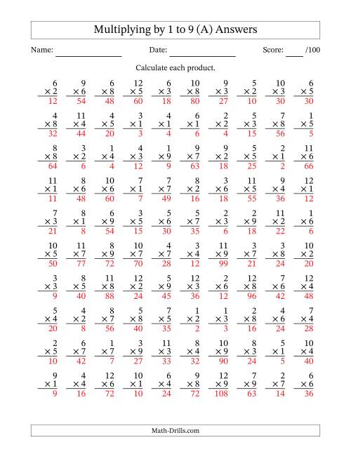 The Multiplying (1 to 12) by 1 to 9 (100 Questions) (A) Math Worksheet Page 2