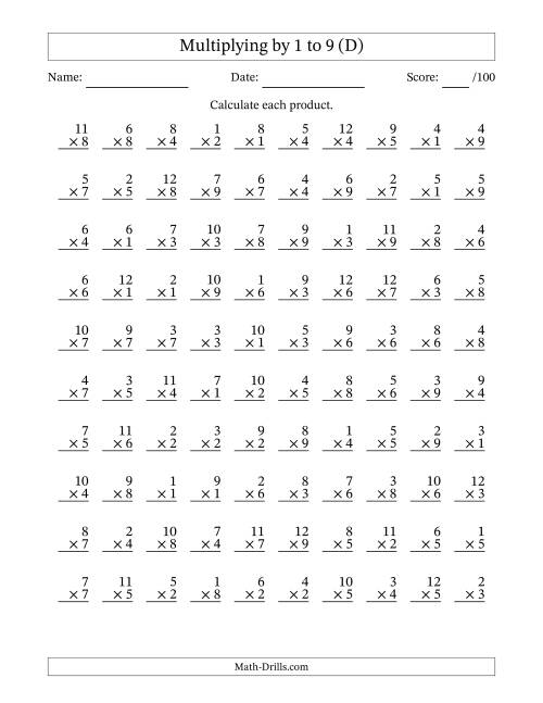 The Multiplying (1 to 12) by 1 to 9 (100 Questions) (D) Math Worksheet