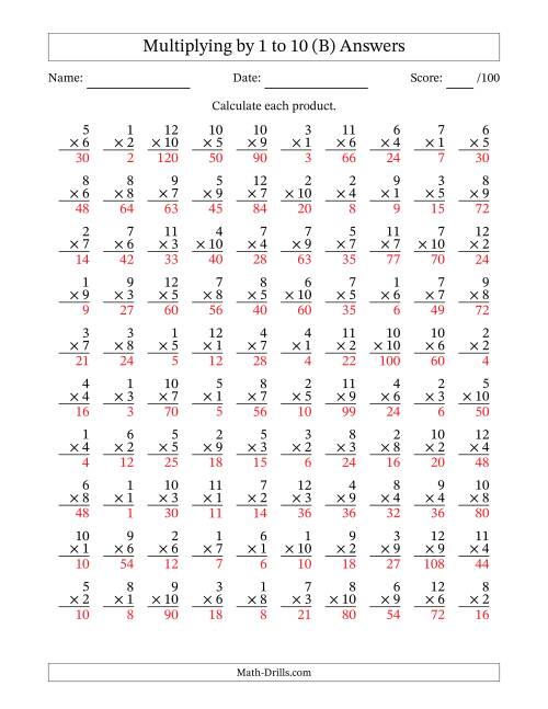 The Multiplying (1 to 12) by 1 to 10 (100 Questions) (B) Math Worksheet Page 2