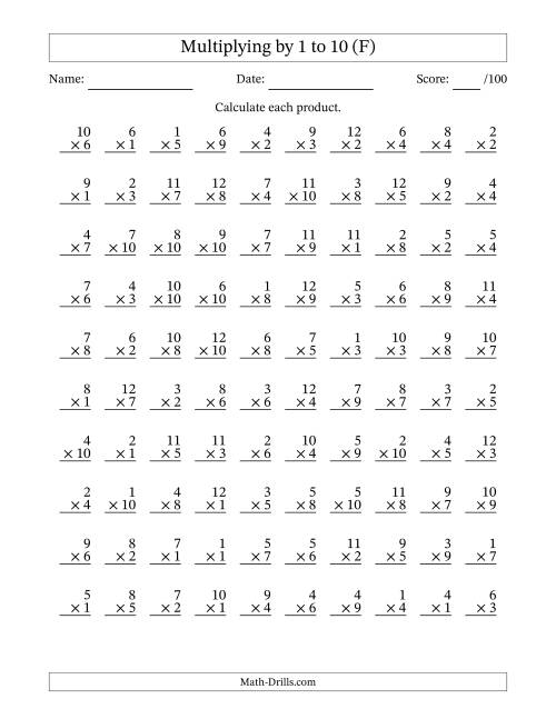 The Multiplying (1 to 12) by 1 to 10 (100 Questions) (F) Math Worksheet
