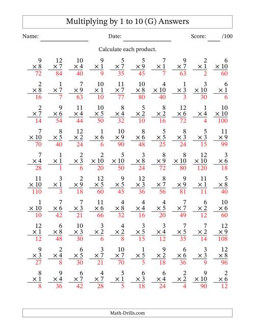 The Multiplying (1 to 12) by 1 to 10 (100 Questions) (G) Math Worksheet Page 2