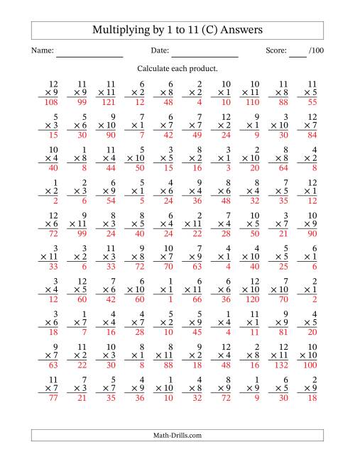 The Multiplying (1 to 12) by 1 to 11 (100 Questions) (C) Math Worksheet Page 2