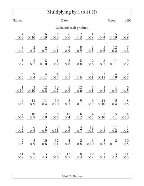 The Multiplying (1 to 12) by 1 to 11 (100 Questions) (I) Math Worksheet