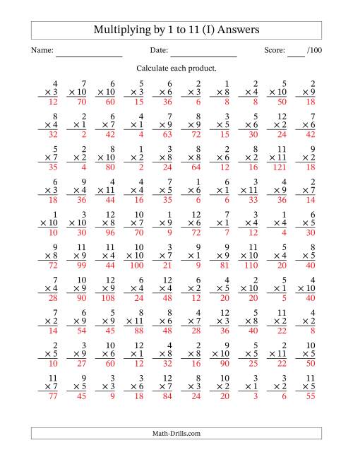 The Multiplying (1 to 12) by 1 to 11 (100 Questions) (I) Math Worksheet Page 2
