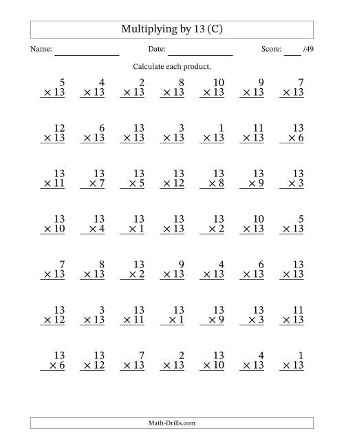 The Multiplying (1 to 13) by 13 (49 Questions) (C) Math Worksheet