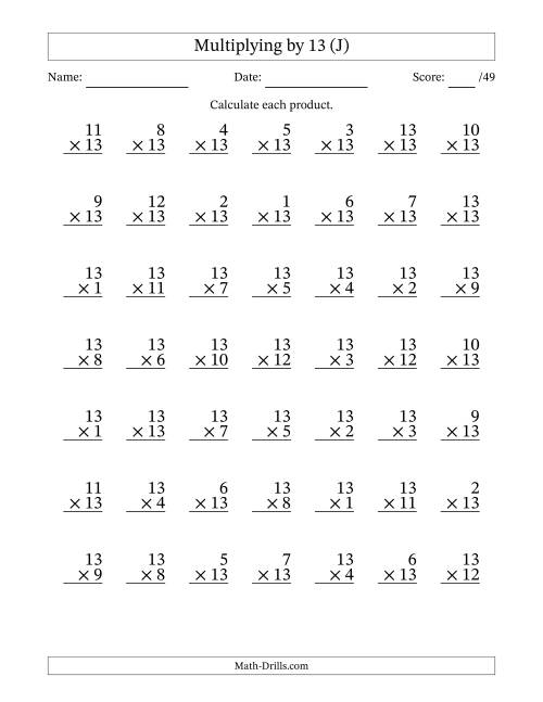 The Multiplying (1 to 13) by 13 (49 Questions) (J) Math Worksheet